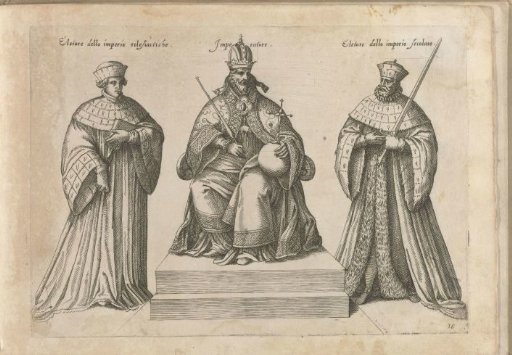 An emperor on his throne, flanked by a secular and an ecclesiastical prelate.