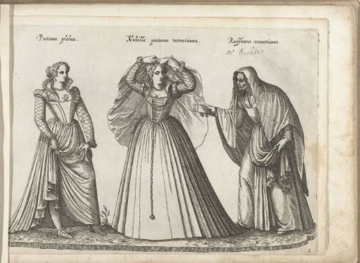 Twee prostituées en een oude koppelaarster, gekleed volgens de Venetiaanse mode ca. 1580