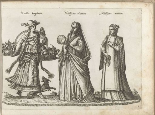 Een Italiaanse boerin, een vrouw uit Vicenza en een uit Mantua, gekleed volgens de Italiaanse mode ca. 1580