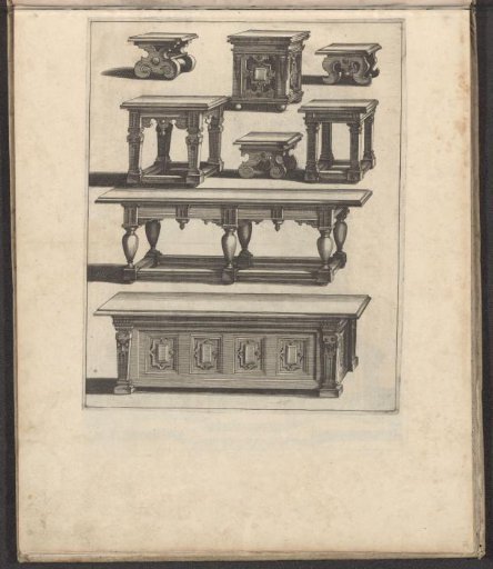 Three stools, three small and two large tables