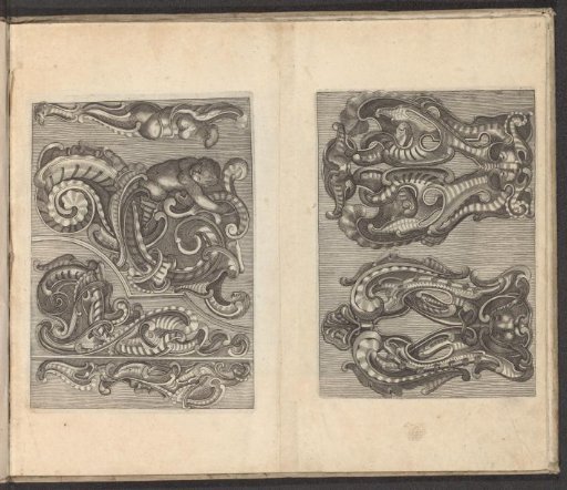 Four ornaments and two backrests in rocaille style