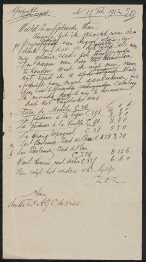 Letter to A.G.C. de Vries (1872-1936)