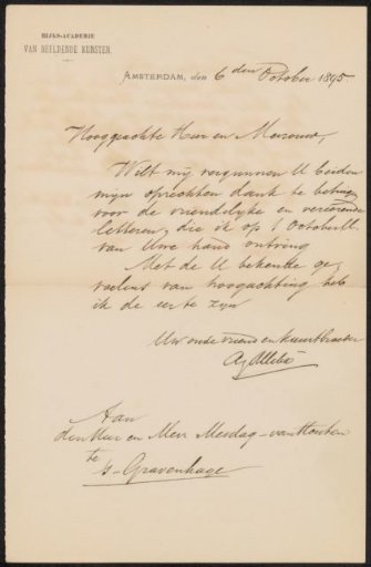 Letter to Hendrik Willem Mesdag and Sientje Mesdag-Van Houten and draft letter to an anonymous recipient