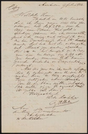 Copy of a letter to Jan Dunselman (1824-1910) and draft letter to Hendrik Jacobus Scholten