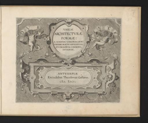 Double scroll cartouche with two putti