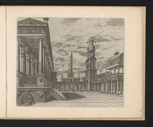 Town square with a colonnade, obelisk and a tower