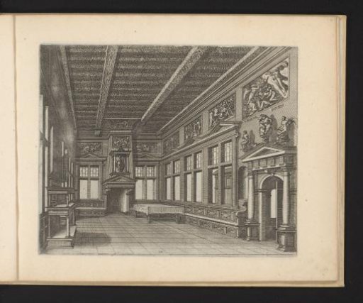 Interior with sideboard, mantelpiece and table