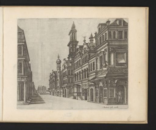 View in a street with the print shop of Hieronymus Cock on the corner