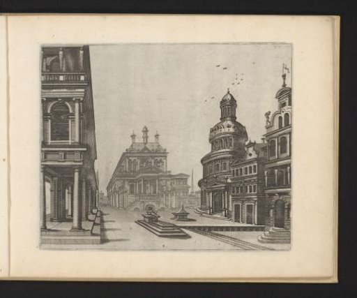 Square with a small fountain and various buildings