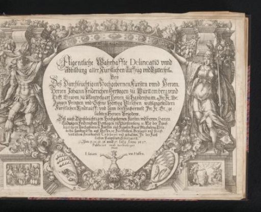 Mercury and Minerva hold a crown above a heart-shaped cartouche