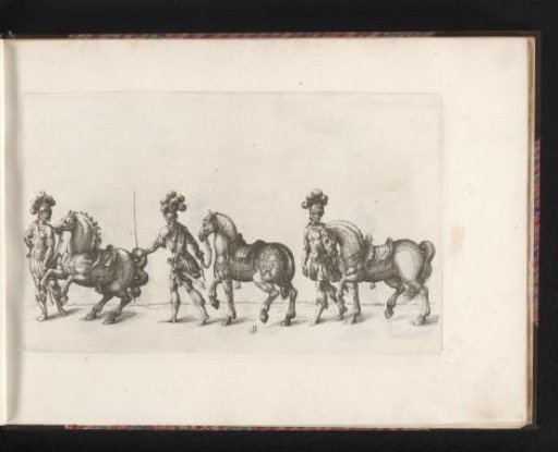 Two soldiers with two horsemen and an emblem of two laurelled hearts with ears and eyes on rocks
