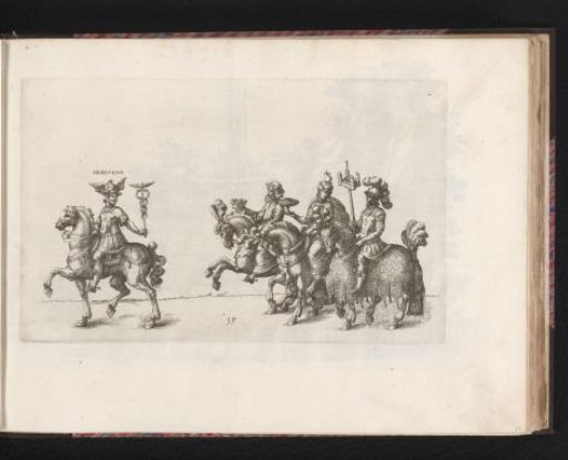Six heralds on horseback with trumpets