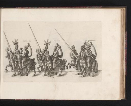 A cleric and poet followed by two soldiers and the personifications of Fides (Faith) and Prudentia (Prudence)