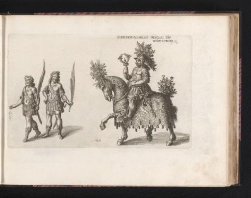 Two riders with flags and two martyrs with palm branches