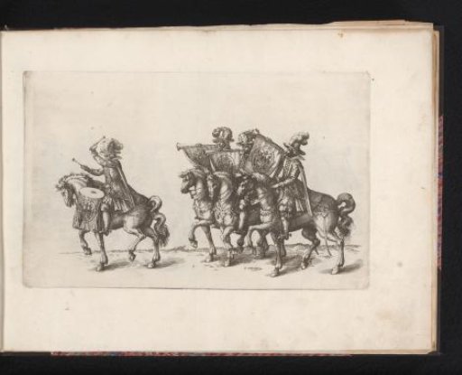 Four heralds on horseback with trumpets and a drum