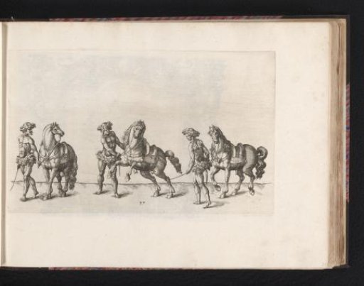Four men dressed in ivy vines, each with a horse