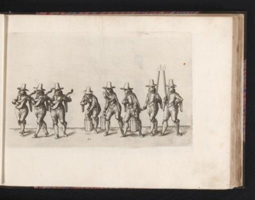 Three men with torches and three men with lanterns