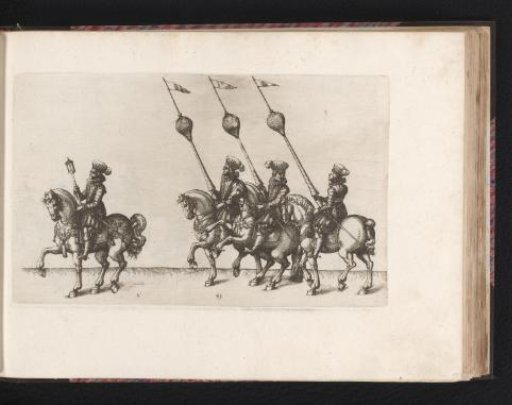 Three men playing lutes, three men with lanterns and two men with torches