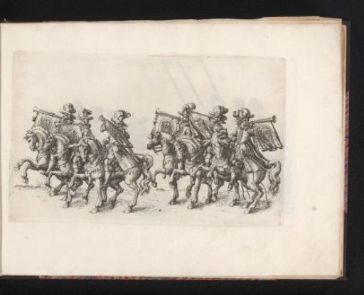 Six heralds on horseback with trumpets