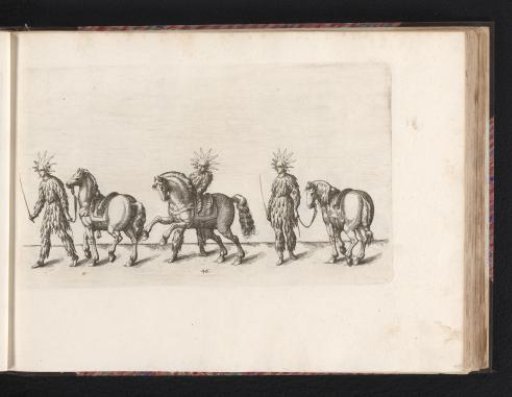 Six figures dressed as suns with trumpets and three women on horseback
