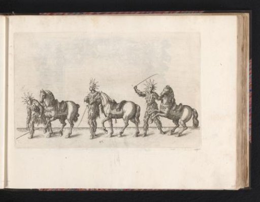 Three figures dressed as suns, each with a horse