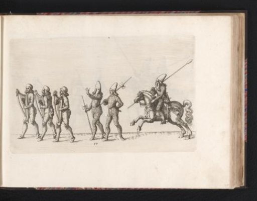 Three riders and six men with a flag bearing an emblem