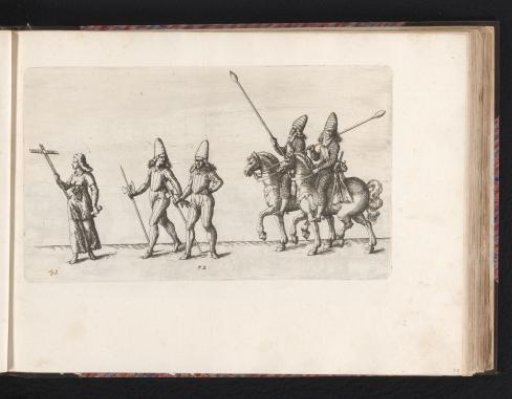 Three men with Celtic harps, two with halberds, and a galloping rider