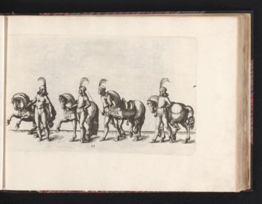 Woman with a cross, two men with halberds, and two riders