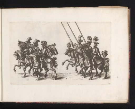 Six heralds on horseback with trumpets and lances