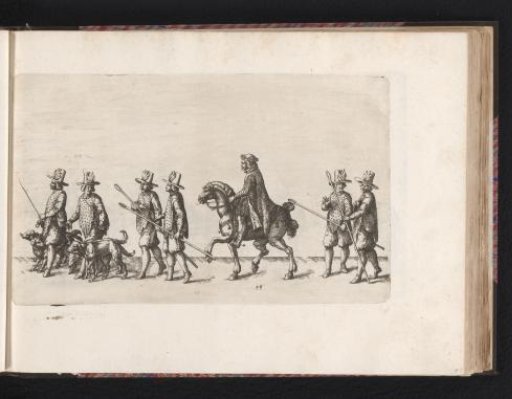 Two riders and six men with trumpets