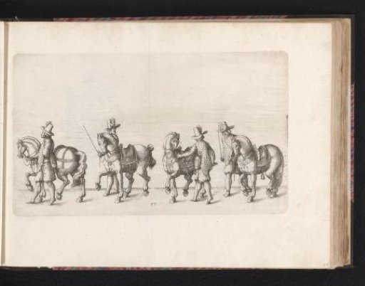 Two men with dogs followed by four men and a rider