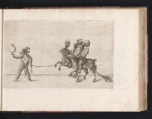 Scaled man leading two riders by the reins