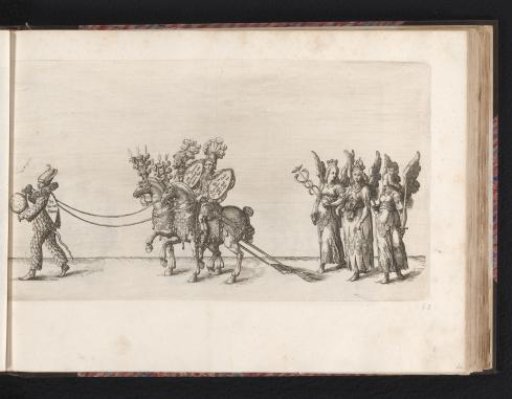 Scaled man leading two riders by the reins