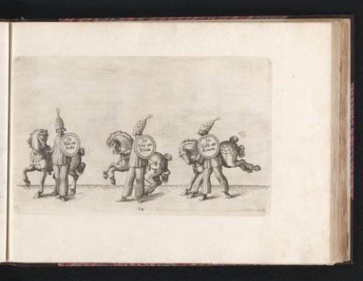 Scaled man leading two riders by the reins and three winged women