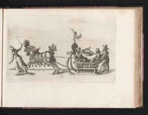 Jester and two women in a sleigh drawn by a horse