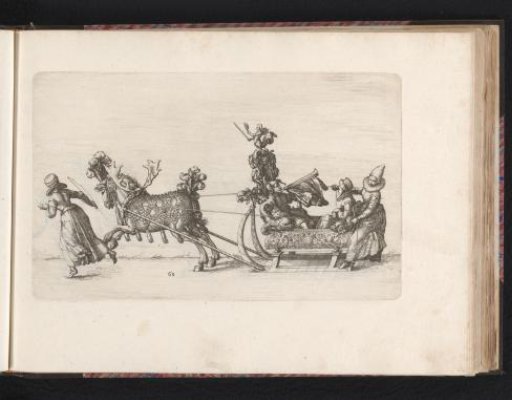 Jester and two women in a sleigh drawn by a horse