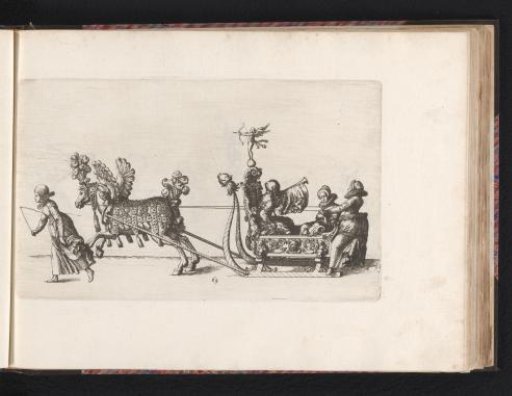 Jester and two women in a sleigh drawn by a horse