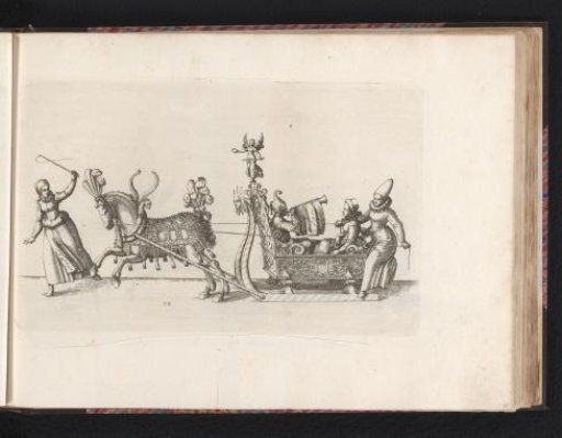 Jester and two women in a sleigh drawn by a horse