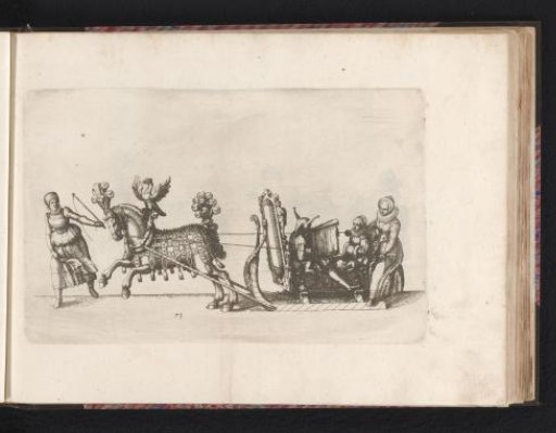 Jester and two women in a sleigh drawn by a horse