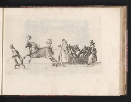 Jester and two women in a sleigh drawn by a horse