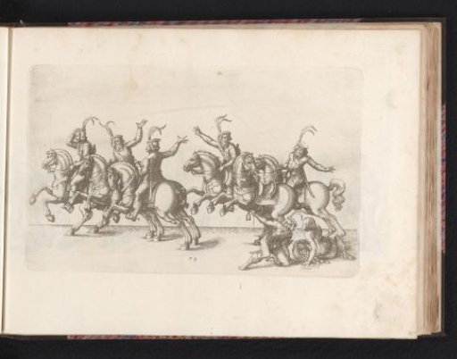Six startled riders, one dismounted kneeling before a woman