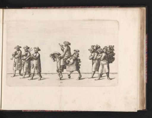 Three musicians, a rider with bound children, and two figures with baskets