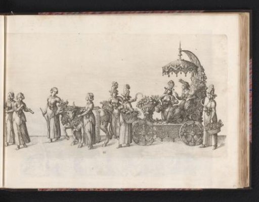 Six women with trumpets, oxen, and sickles, and a carriage containing the personification of agriculture