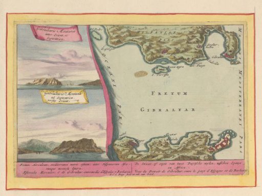 View of the Rock of Gibraltar and a map of the Strait of Gibraltar