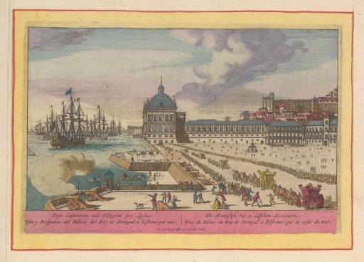 View of the Royal Palace in Lisbon and the forecourt with people