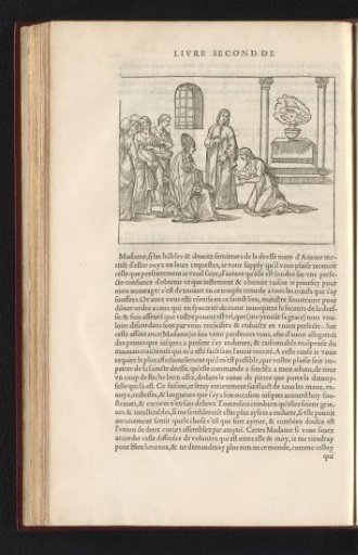 Polia kneeling before the priestess of Venus, Poliphilo at her side