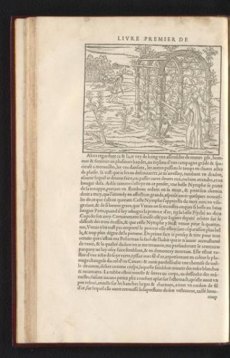 Poliphilo is approached by a nymph with a torch at a pavilion
