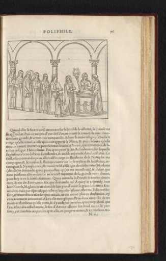 Poliphilo at a cistern with a row of waiting women, each holding a different object