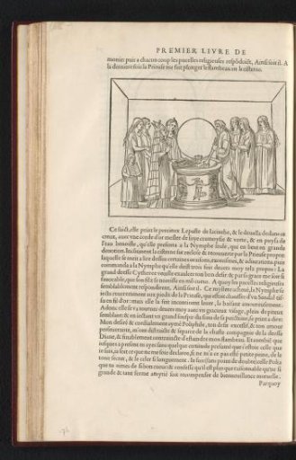 Poliphilo, at the instruction of the priestess, lights a fire in a cistern with a torch