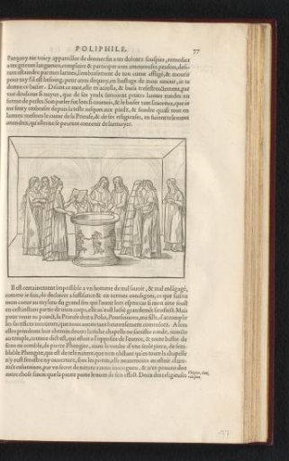 Priestess reading from a book at a cistern while Poliphilo and Polia embrace